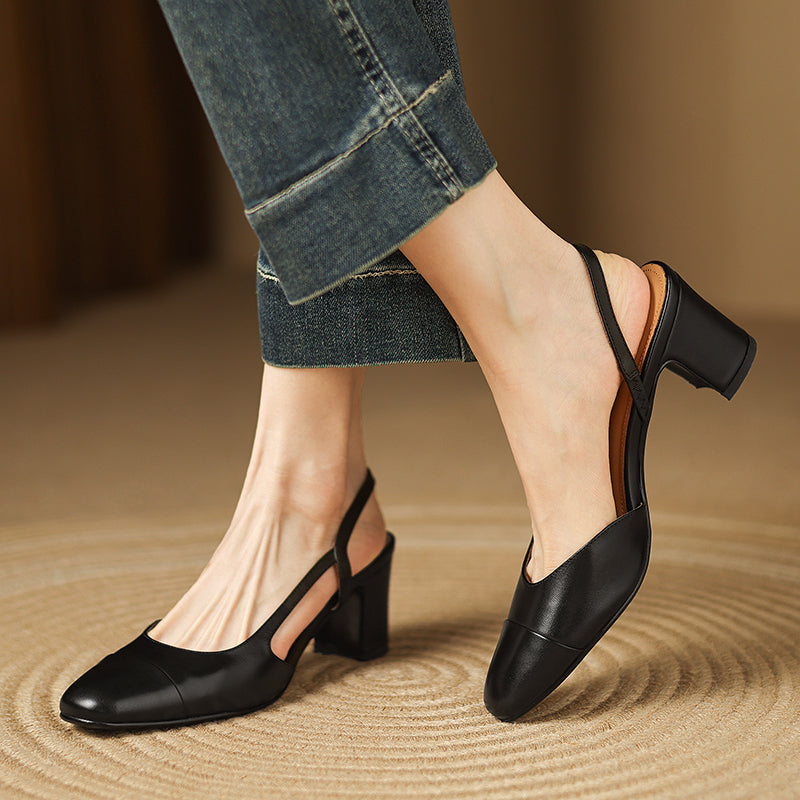 Black leather heeled slingback pumps with square toe and block heel