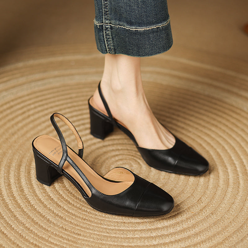 Two-tone leather heeled slingback pumps with block heels, black and beige