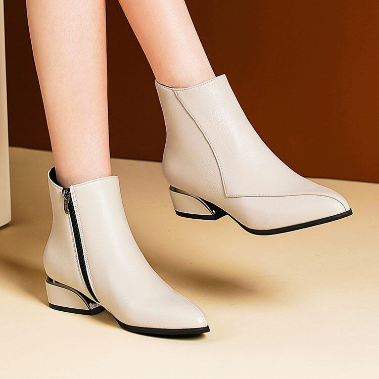 Off-white ankle boots with side zipper and mid-height block heel