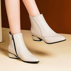 Off-white ankle boots with side zipper and mid-height block heel