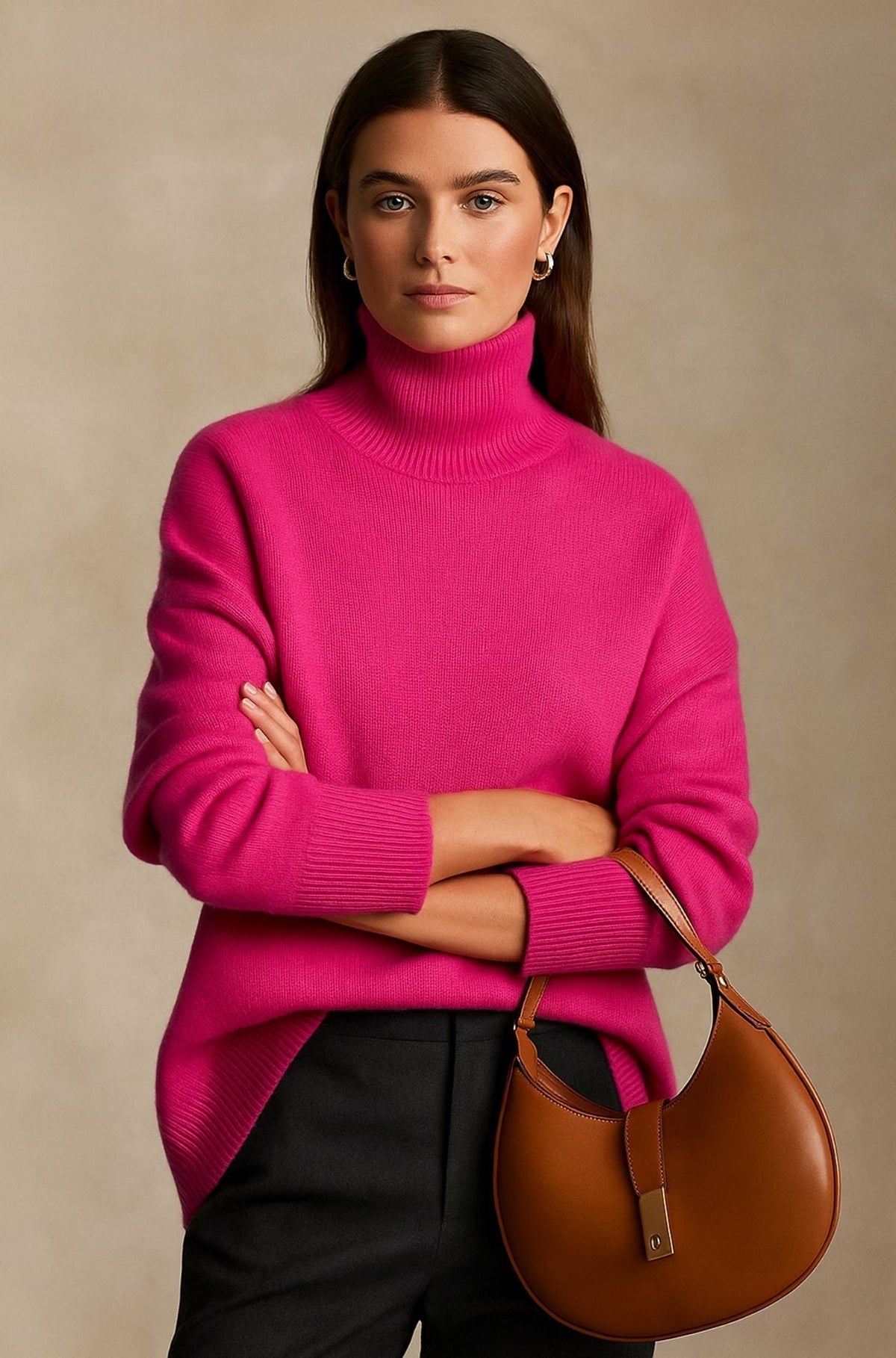 Women’s bright pink cashmere turtleneck sweater with ribbed collar and cuffs