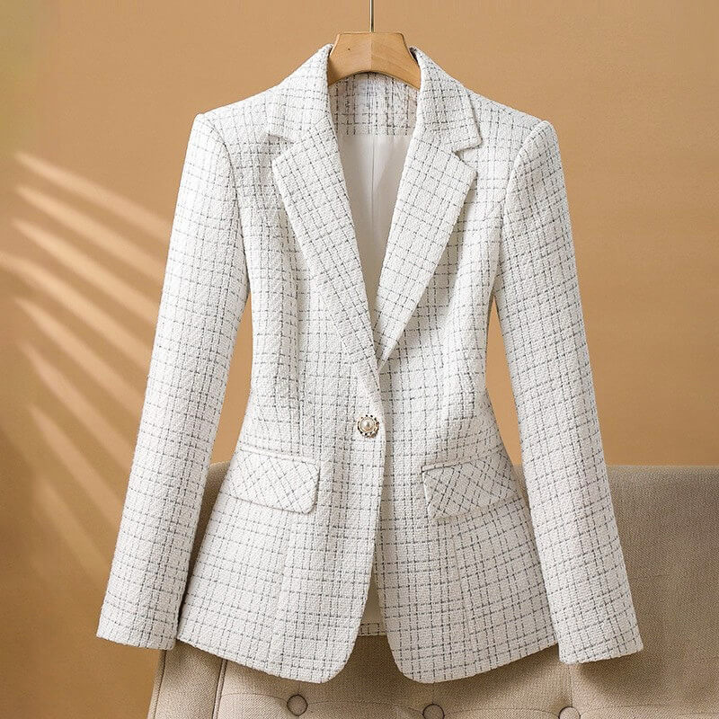 Vami Olivia boucle tweed blazer in pearl white with grid pattern and single button
