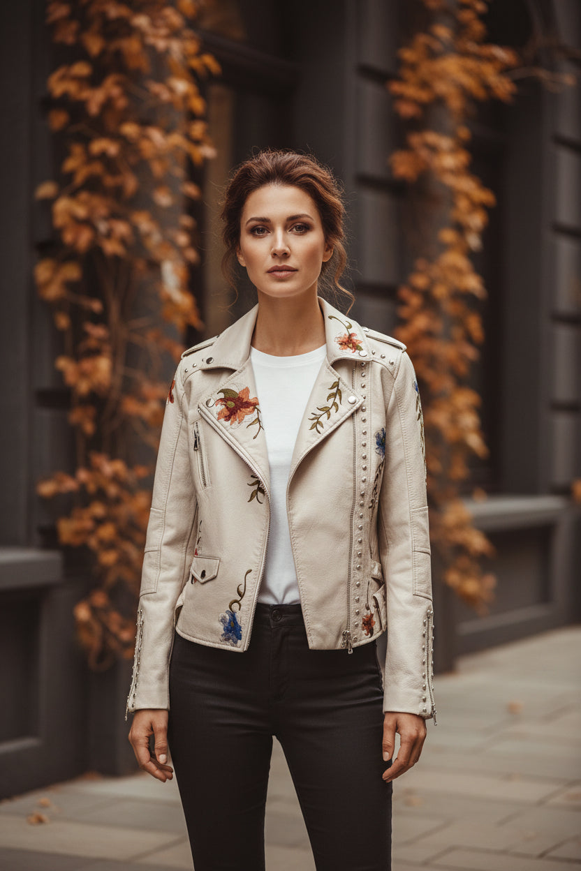 Pearl white leather retro floral jacket with asymmetrical zip, snap collar, shoulder studs