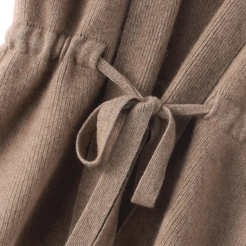 Women’s merino wool belted sweater vest, camel beige, V-neck with tied waist bow
