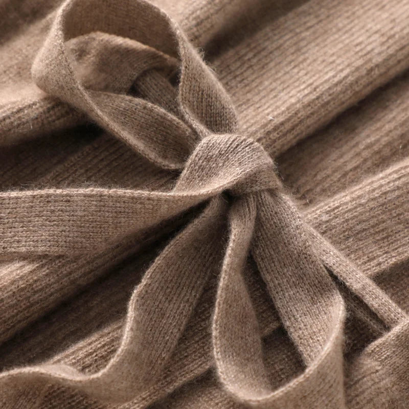 Women’s merino wool sweater vest with fabric tie bow, camel beige knit