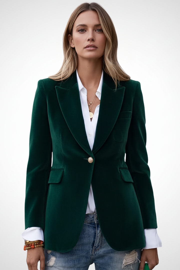 Green women’s blazer with notched lapels, gold button closure, and flap pockets