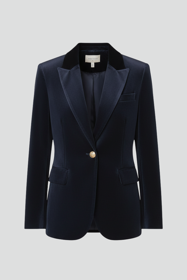 Navy women’s blazer with notched lapels, gold button closure, and flap pockets