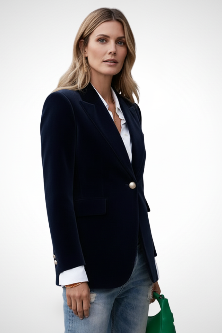 Navy women’s blazer with lapels, single gold button, and side flap pockets