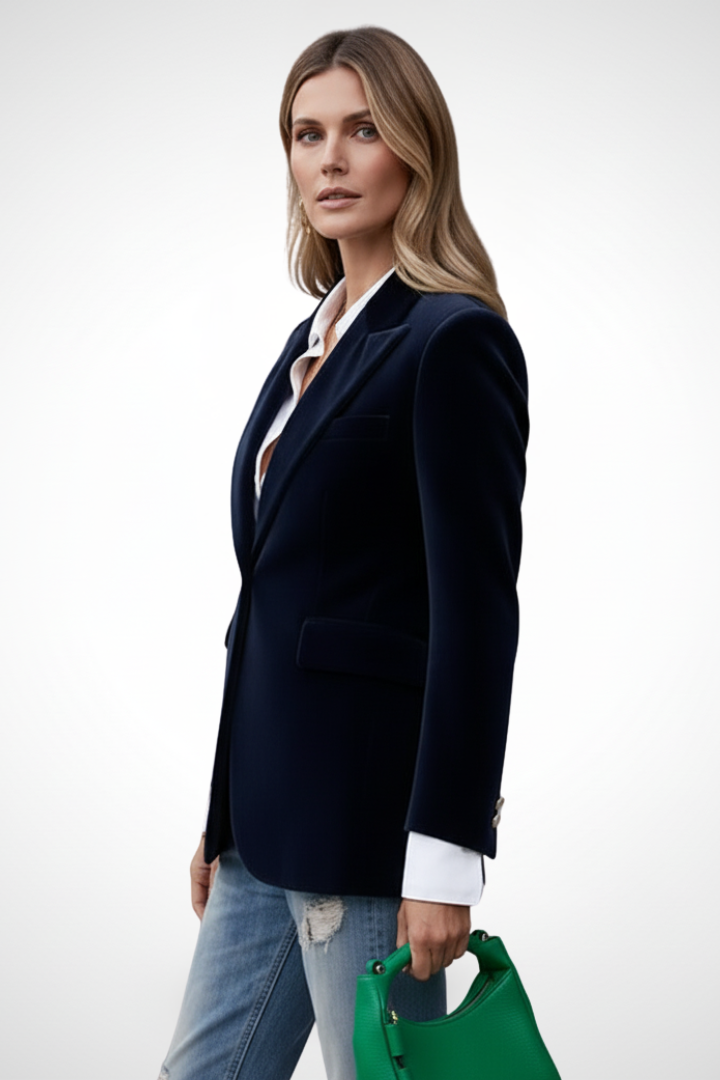 Navy women’s blazer with lapels, gold button, and front pocket details