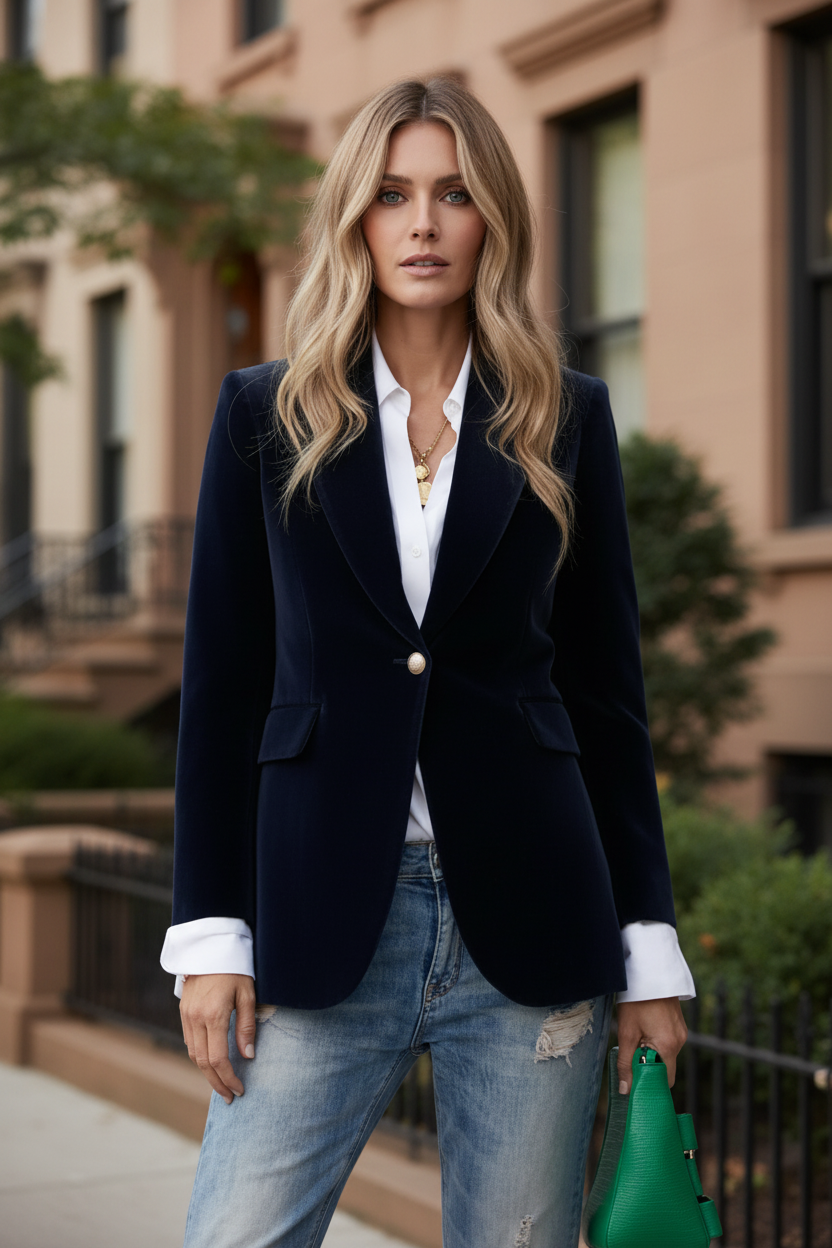 Navy women’s blazer with notched lapels, gold button, and front flap pockets