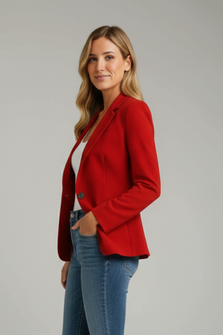 Red women's blazer in side profile with notched lapel and single-button front, long sleeves.