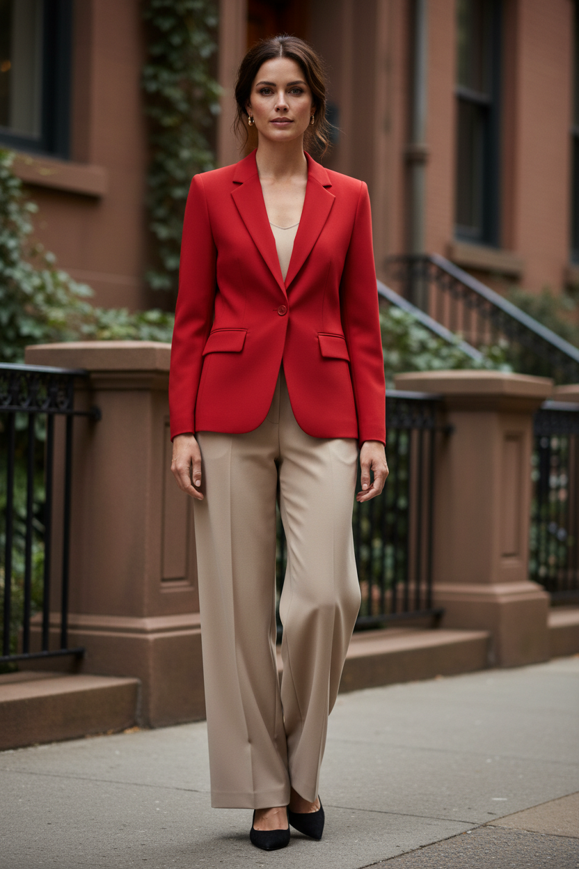 Red women's blazer with notched lapel, single-button front, flap pockets, long sleeves.