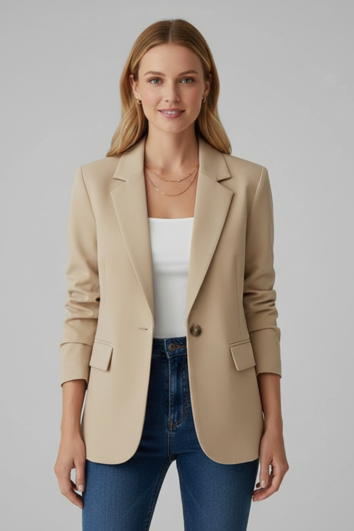 Camel women's blazer with notched lapel, single-button front, flap pockets, long sleeves.