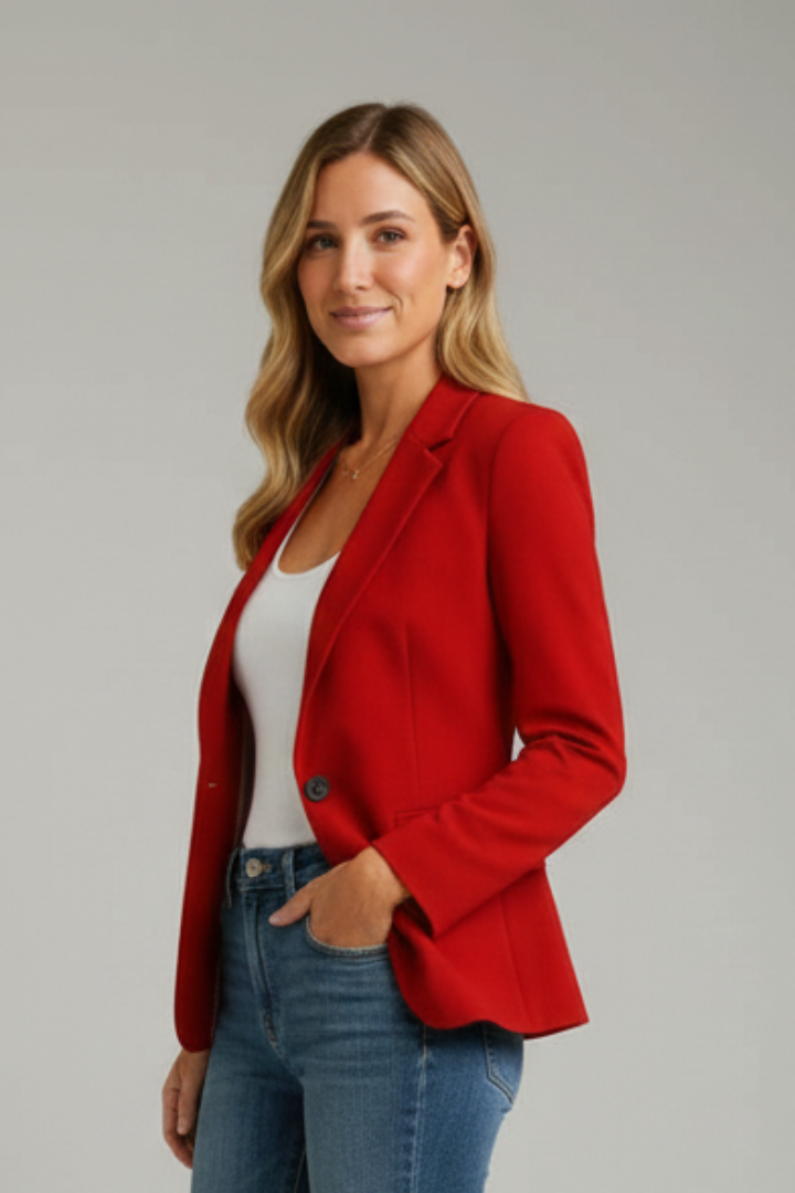 Red women's blazer with notched lapel, single-button front, flap pockets, tailored fit.