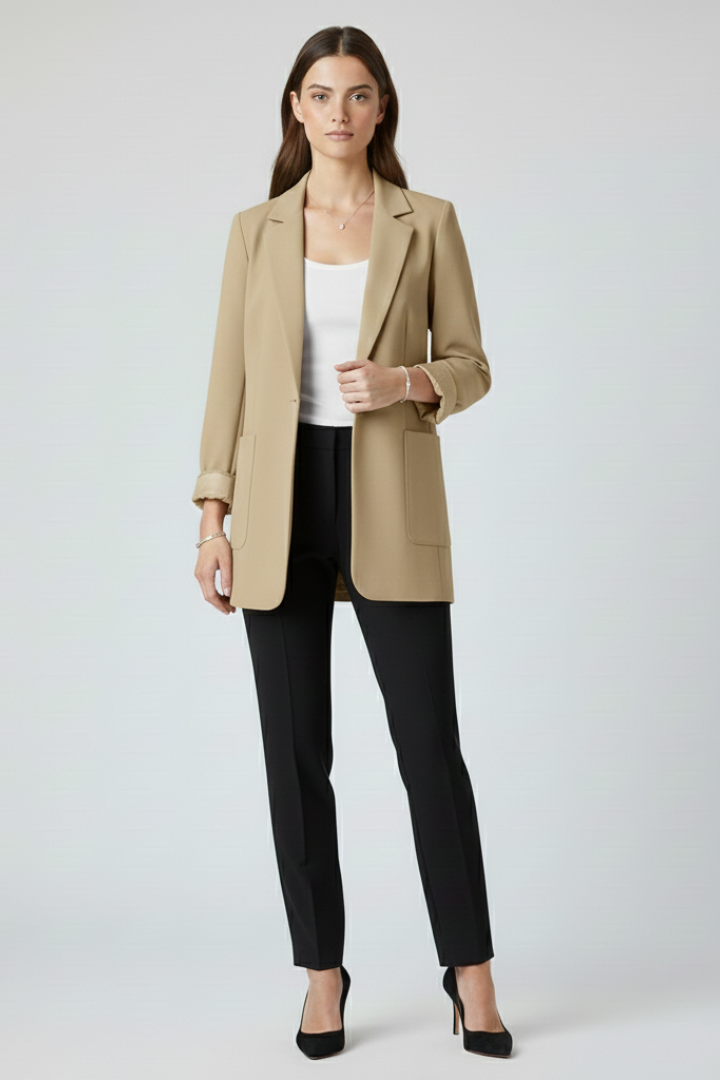 Women's camel blazer with open front and structured lapels, cuffed sleeves