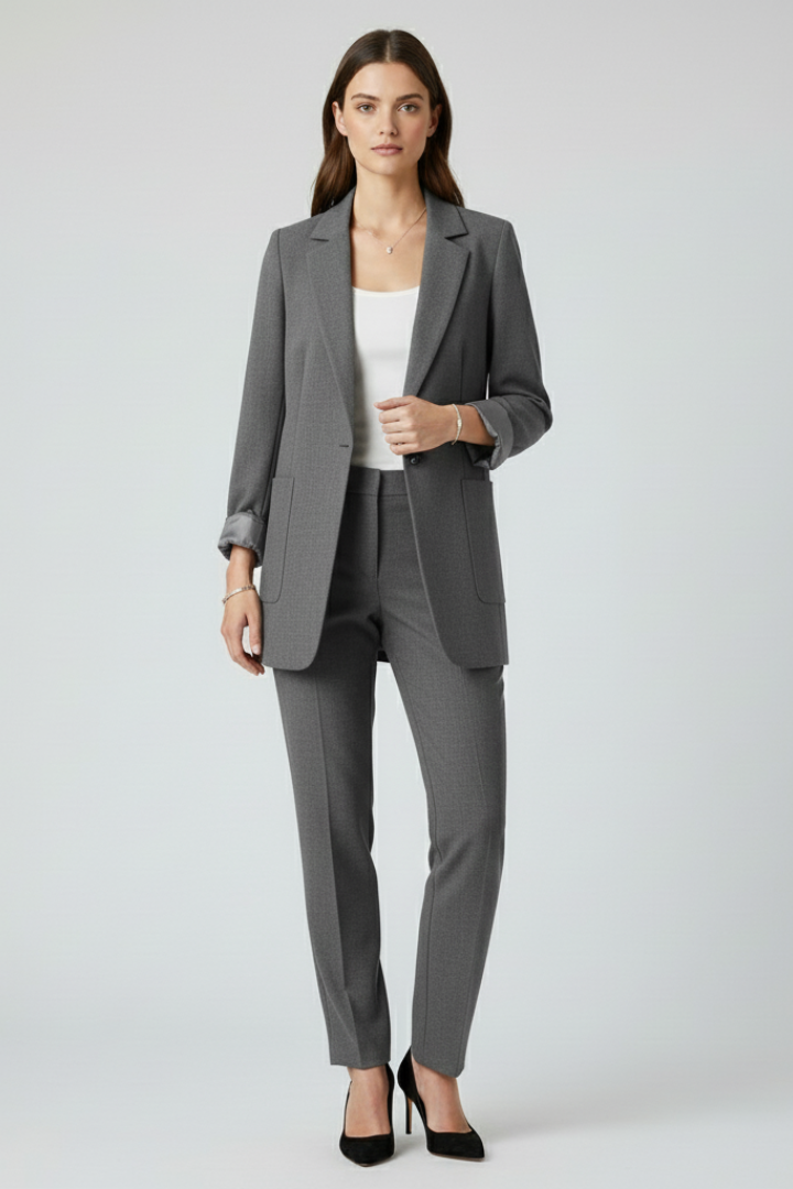 Women's grey blazer with open front and structured lapels, cuffed sleeves