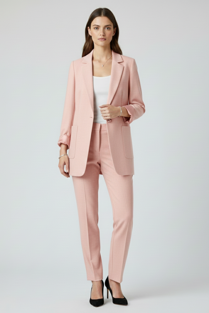 Women's pink blazer with open front and structured lapels, cuffed sleeves