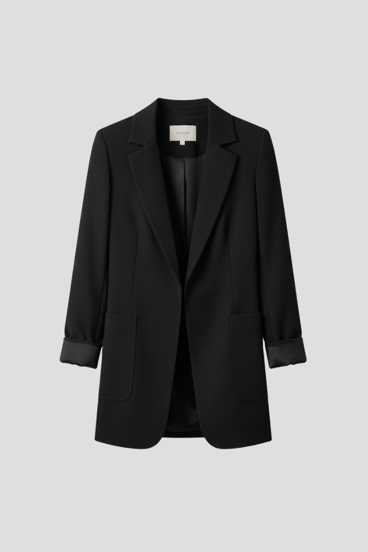 Women's black blazer with open front, structured lapels, and 3/4 sleeves