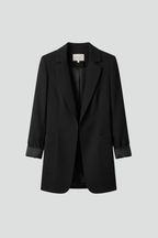 Women's black blazer with open front, structured lapels, and 3/4 sleeves