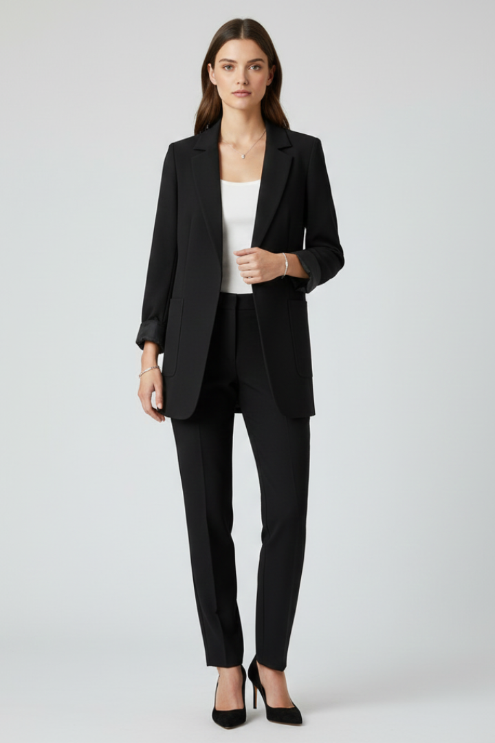 Women's black blazer with open front and structured lapels, worn with inner top
