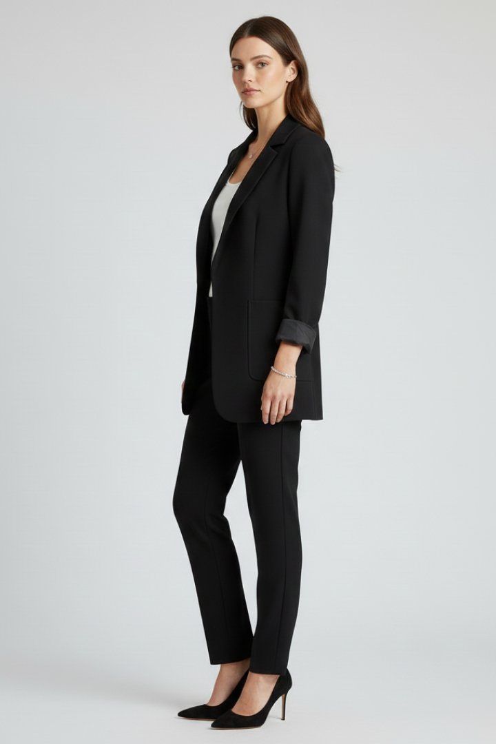 Women's black longline blazer with open front and structured lapels, side view