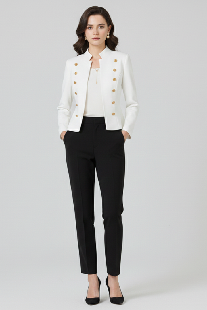 Women's stand-collar blazer, white with gold button detailing