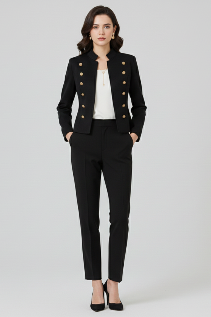 Women's stand-collar blazer, black with gold button detailing
