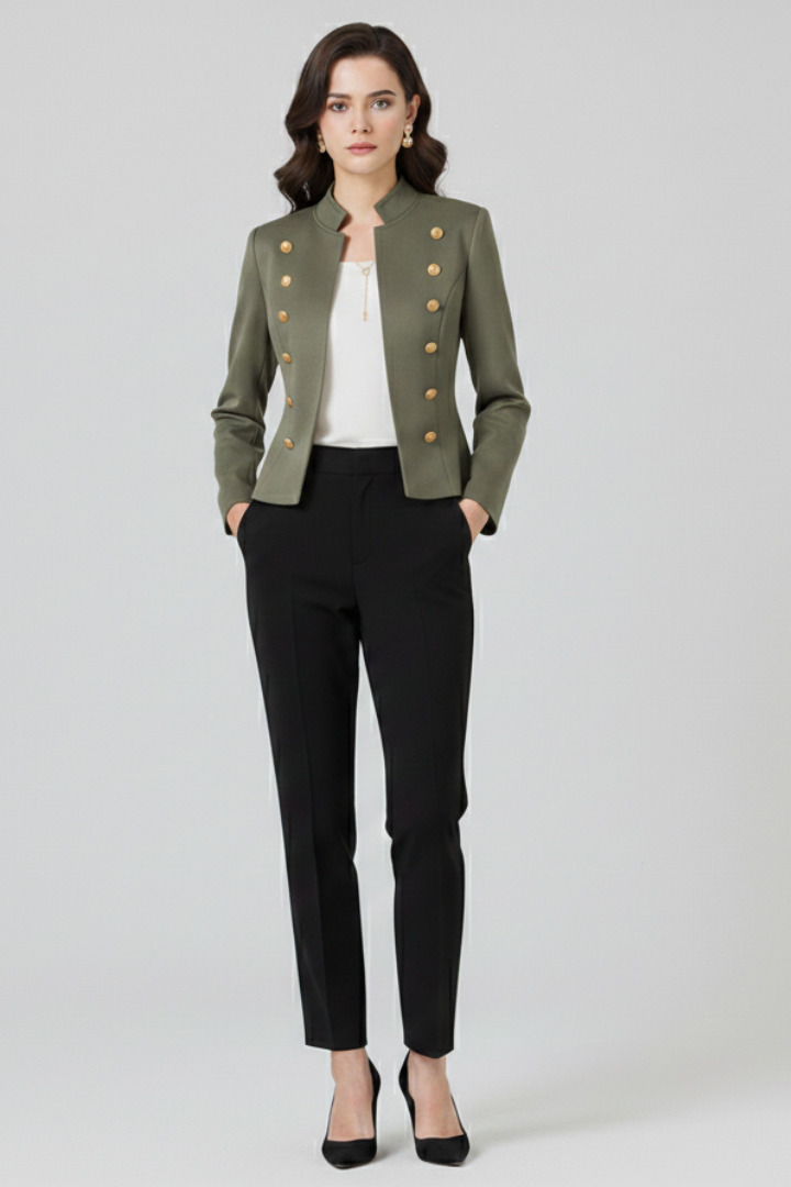 Women's stand-collar blazer, olive green with gold button detailing