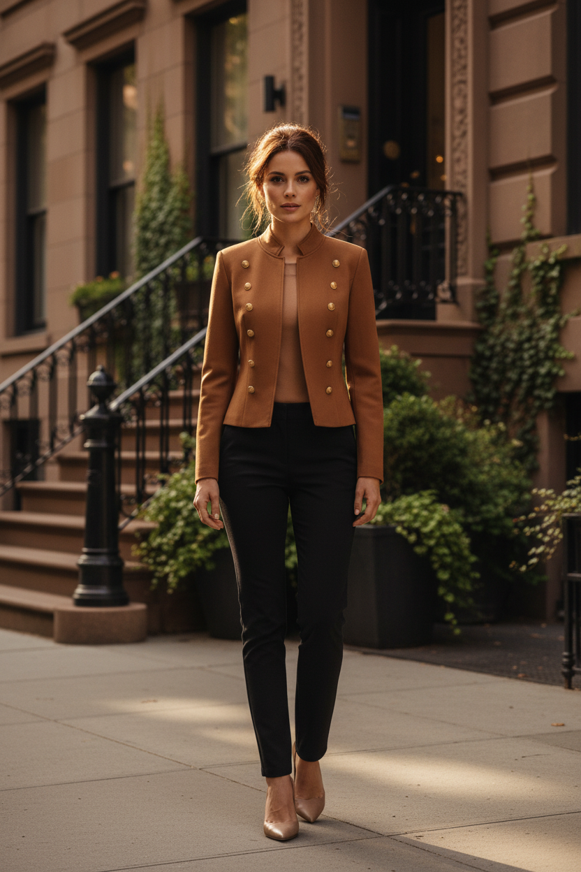 Women's stand-collar button-detailed blazer, warm brown