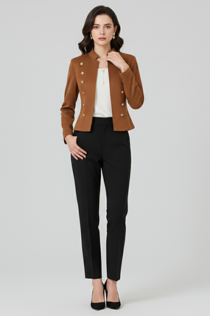 Women's stand-collar blazer with gold buttons, warm brown, front view