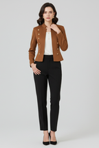 Women's stand-collar blazer with gold buttons, warm brown, front view