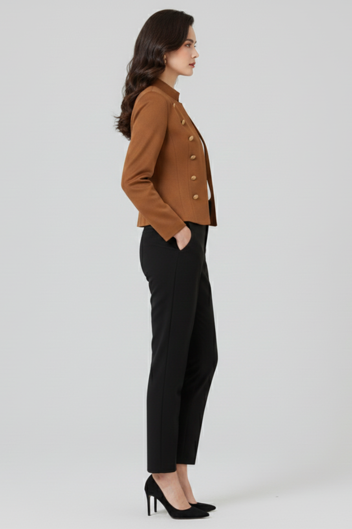 Women's stand-collar blazer with gold buttons, warm brown, profile view
