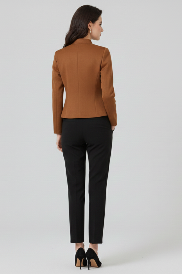 Women's stand-collar blazer, warm brown, back view with gold buttons