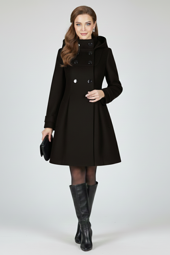 Black women’s hooded double-button coat with long sleeves and front pockets