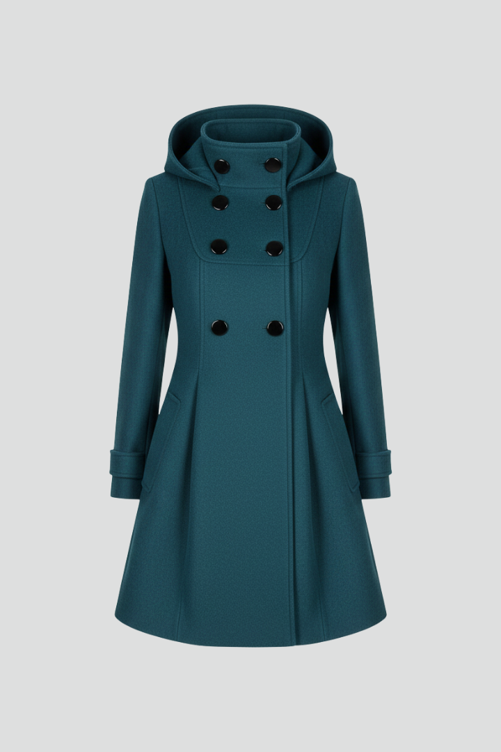 Teal women’s hooded double-button coat with long sleeves and front pockets