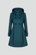 Teal women’s hooded double-button coat with long sleeves and front pockets