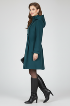 Teal women’s hooded double-button coat, side profile with button placket