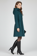 Teal women’s hooded double-button coat, side view with front pockets