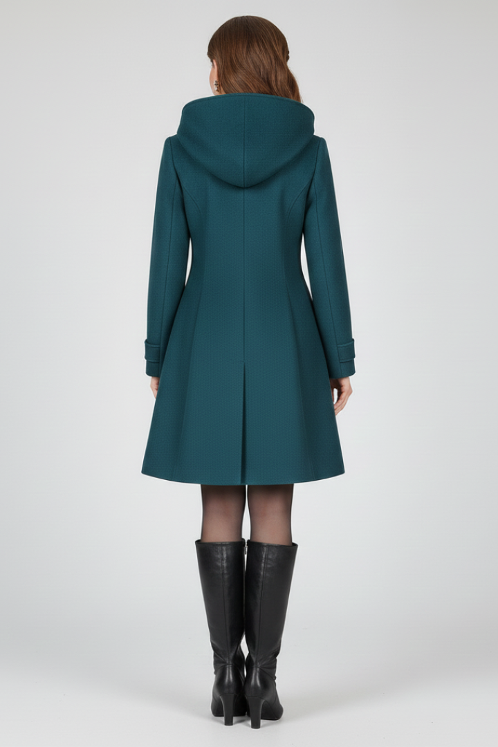 Teal women’s hooded double-button coat, back view with center seams