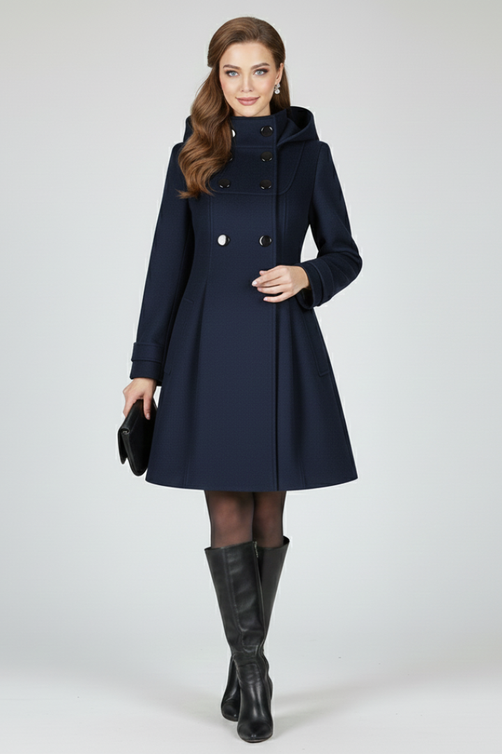 Navy women’s hooded double-button coat with long sleeves and front pockets