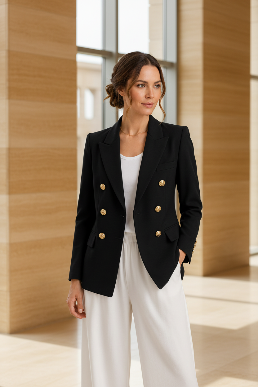 Black double-breasted blazer with gold-tone buttons, notched lapels and tailored fit