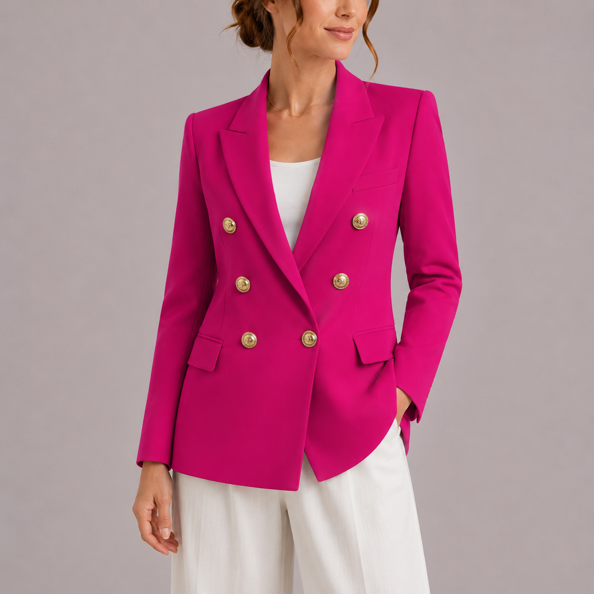 Fuchsia pink double-breasted blazer with gold-tone buttons, notched lapels and tailored fit