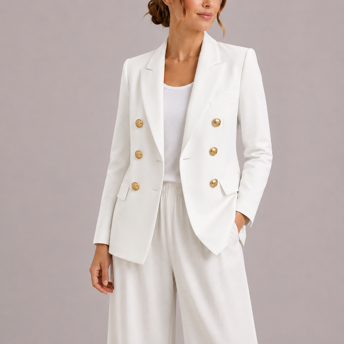White double-breasted blazer with gold-tone buttons, notched lapels and tailored fit