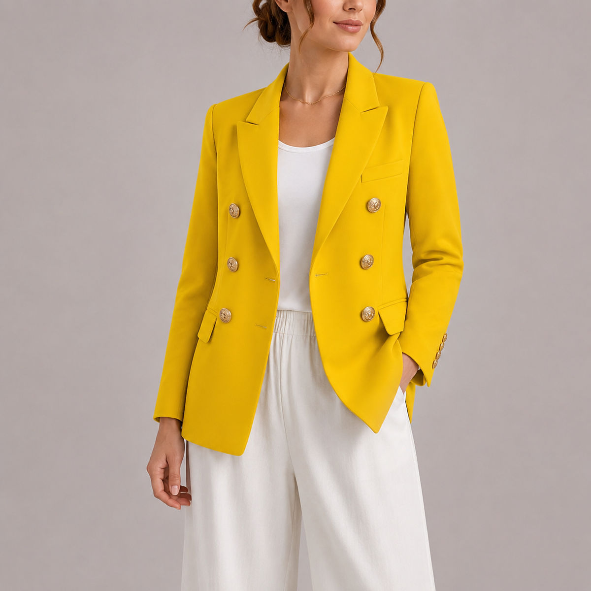 Yellow double-breasted blazer with gold-tone buttons, notched lapels and tailored fit