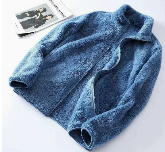 Women’s fleece jacket with stand-up collar and front zip, blue, long sleeves