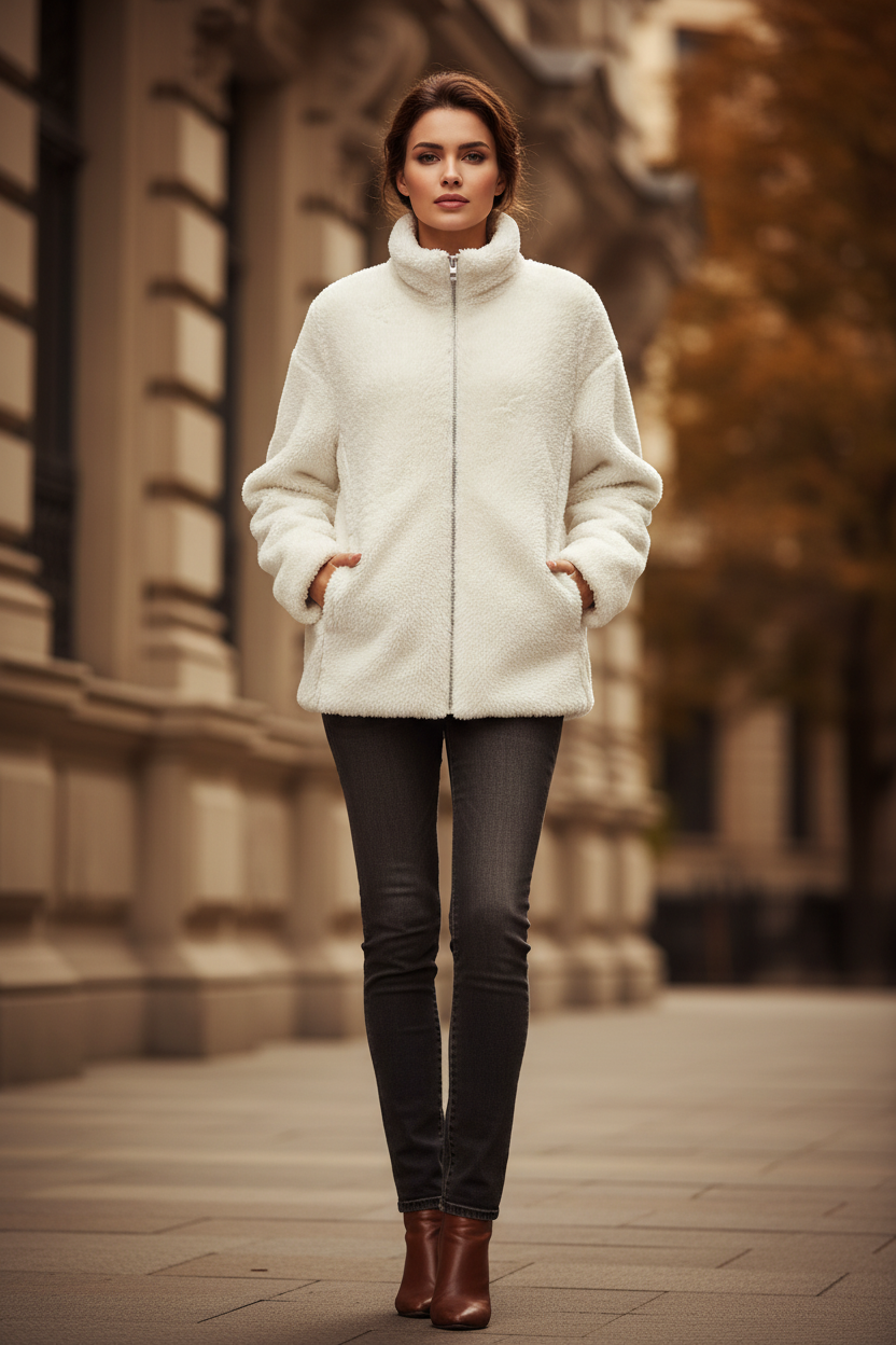 Women’s fleece jacket with stand-up collar and front zip, white, long sleeves