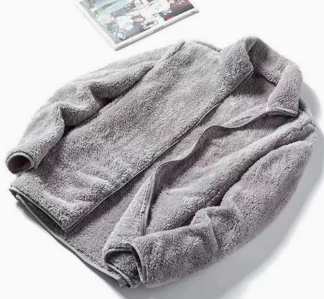 Women’s fleece jacket with stand-up collar and front zip, grey, long sleeves