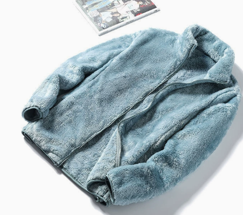 Women’s fleece jacket with stand-up collar and front zip, light blue, long sleeves