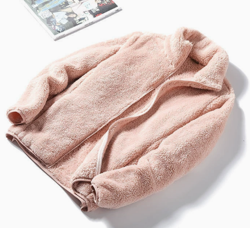 Women’s fleece jacket with stand-up collar and front zip, light pink, long sleeves