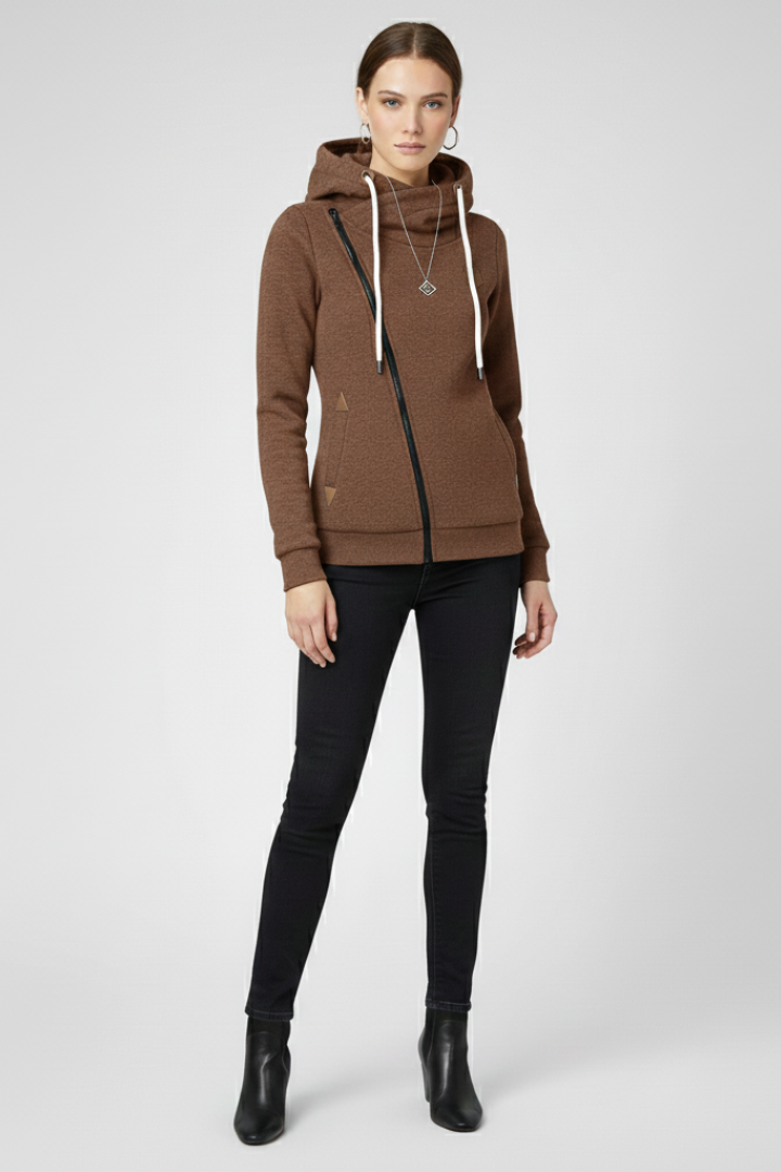 Brown hooded zip jacket with drawstring cords and asymmetrical front zipper, long sleeves